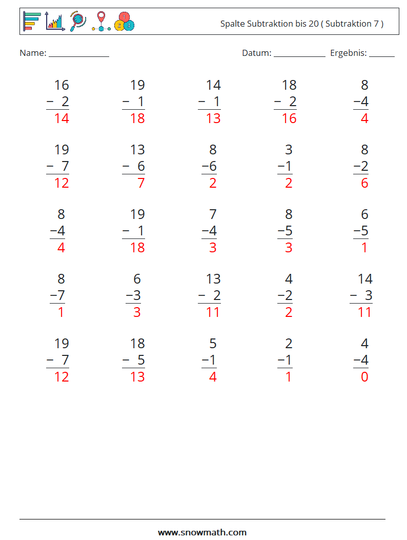 (25) Spalte Subtraktion bis 20 ( Subtraktion 7 ) Mathe-Arbeitsblätter 2 Frage, Antwort