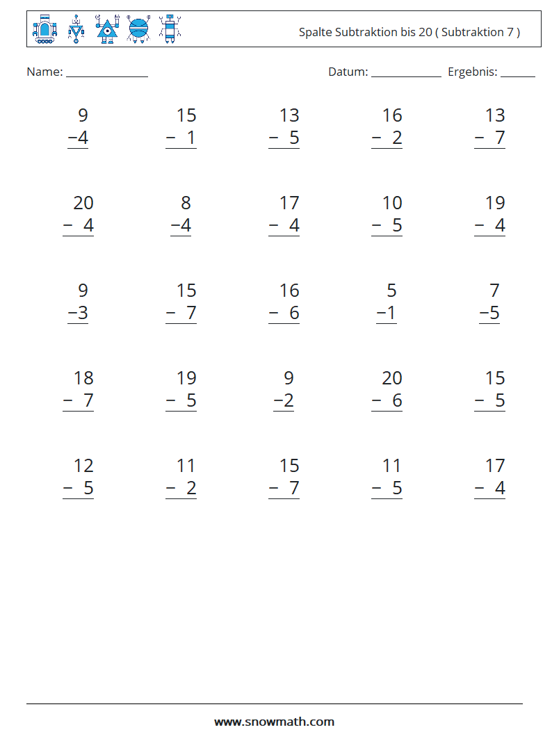 (25) Spalte Subtraktion bis 20 ( Subtraktion 7 ) Mathe-Arbeitsblätter 3