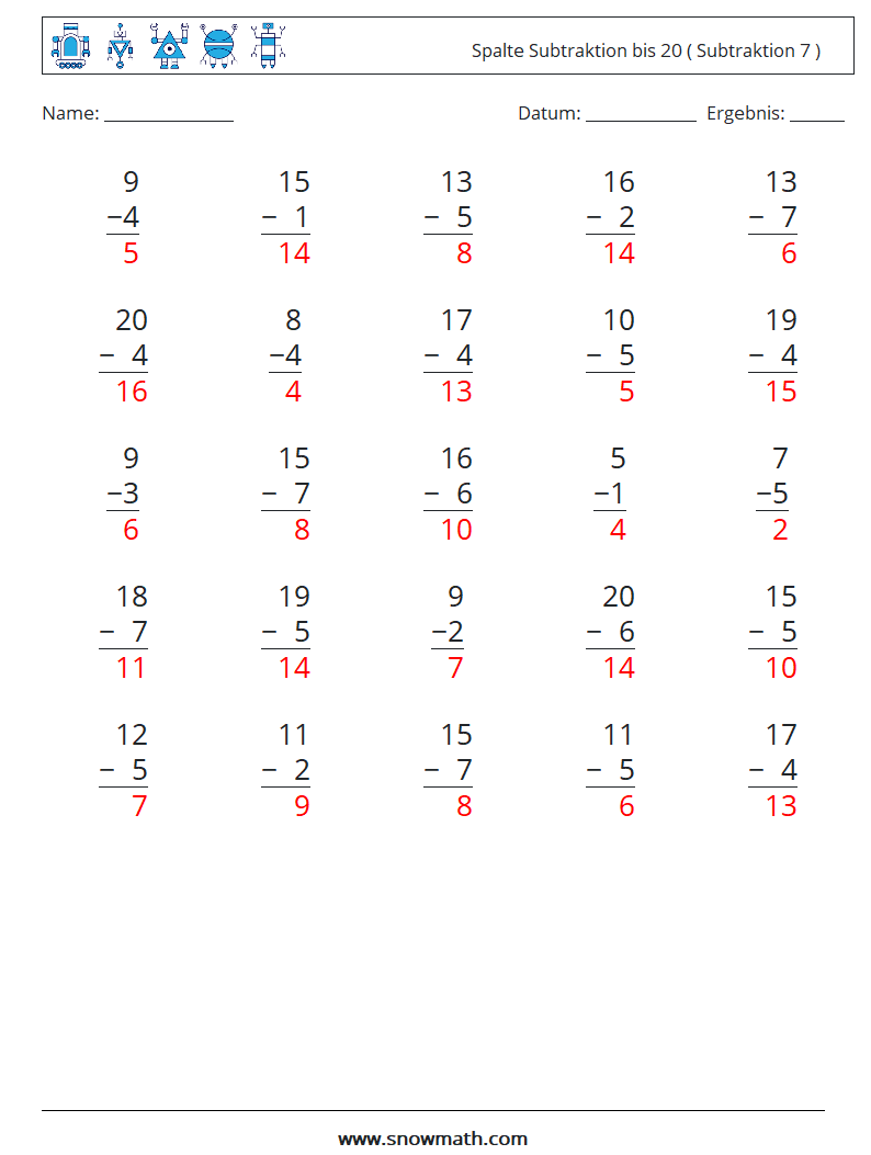 (25) Spalte Subtraktion bis 20 ( Subtraktion 7 ) Mathe-Arbeitsblätter 3 Frage, Antwort