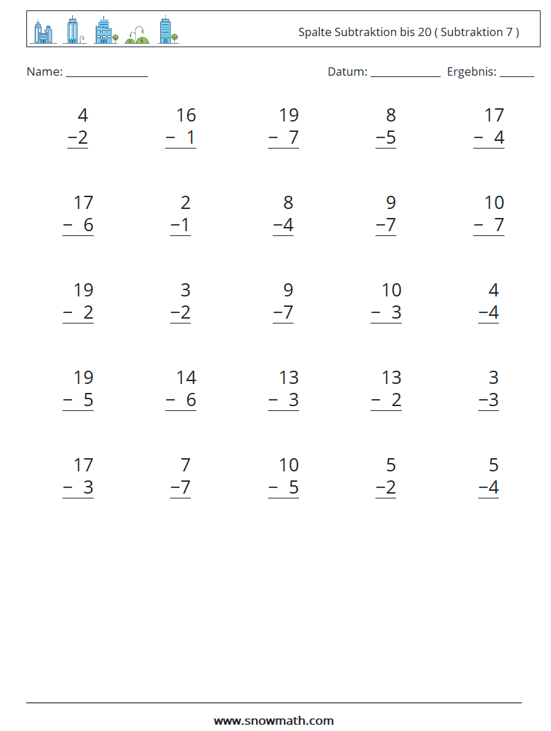 (25) Spalte Subtraktion bis 20 ( Subtraktion 7 ) Mathe-Arbeitsblätter 4