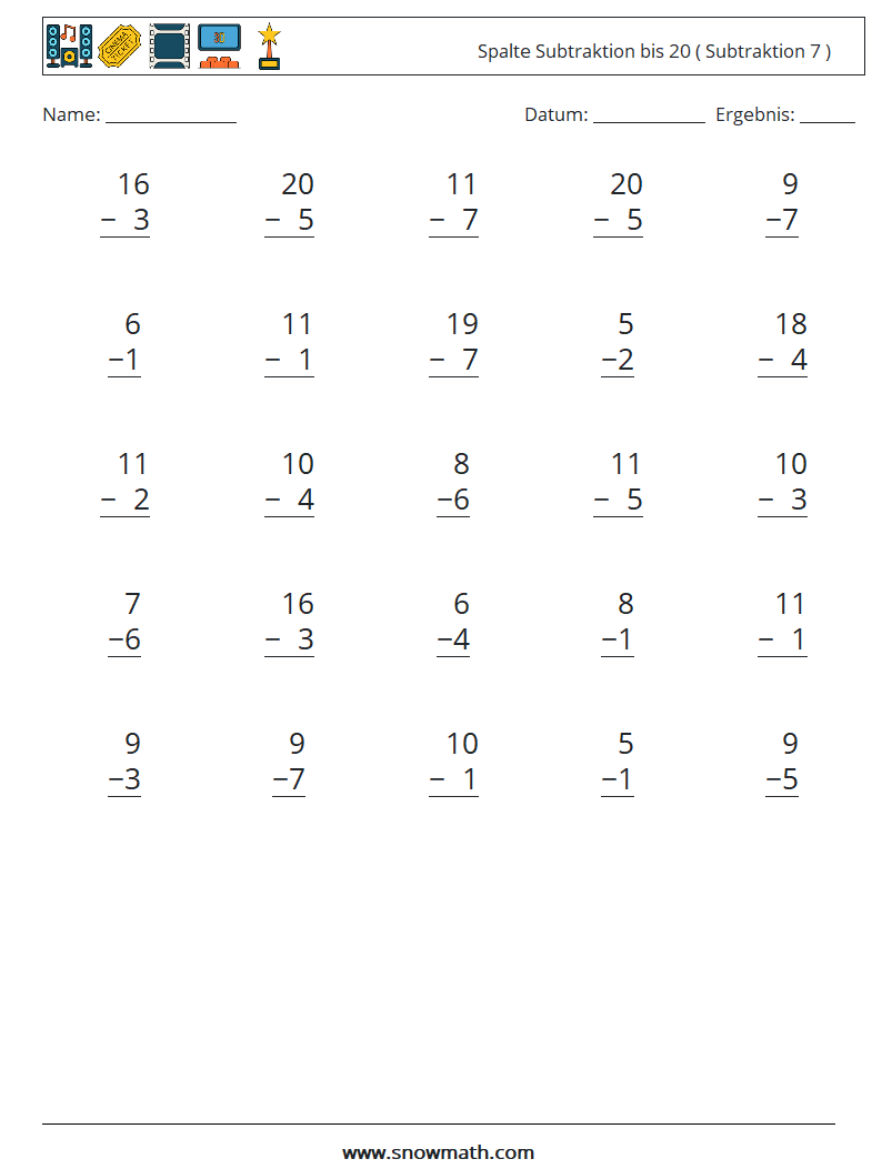 (25) Spalte Subtraktion bis 20 ( Subtraktion 7 ) Mathe-Arbeitsblätter 5