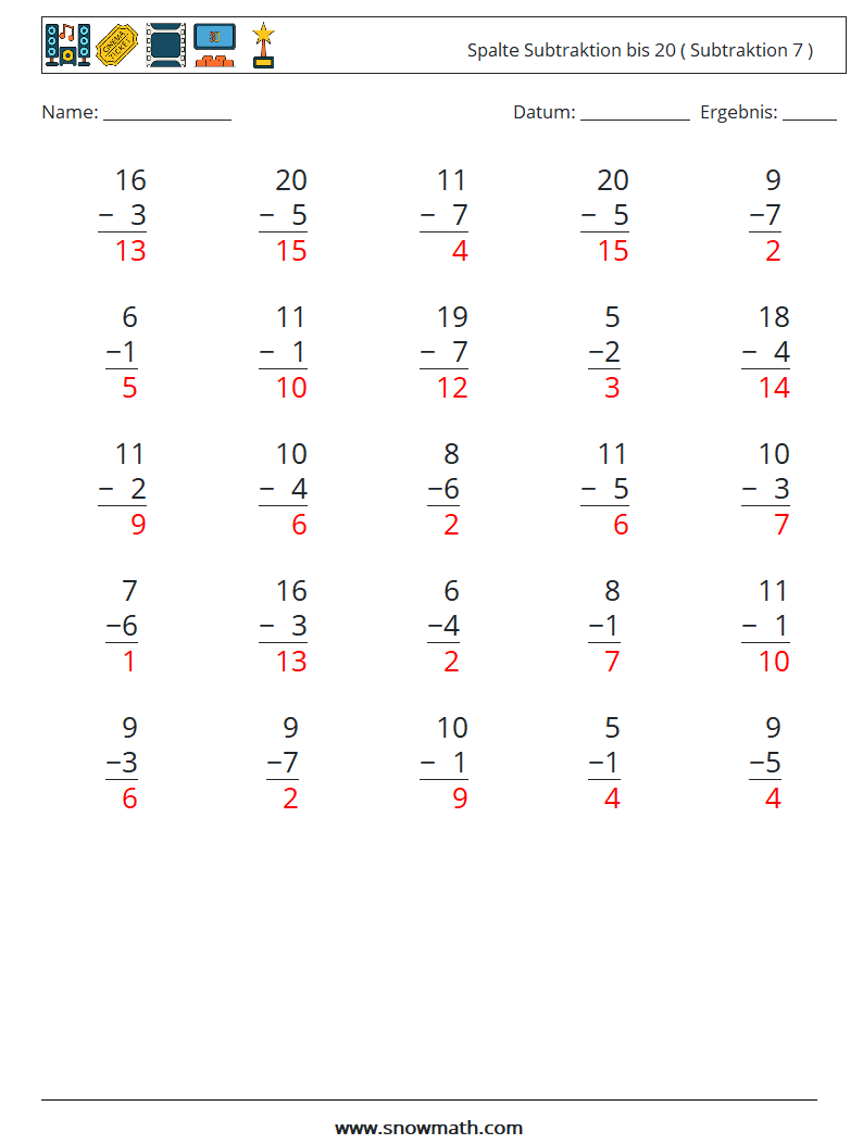 (25) Spalte Subtraktion bis 20 ( Subtraktion 7 ) Mathe-Arbeitsblätter 5 Frage, Antwort