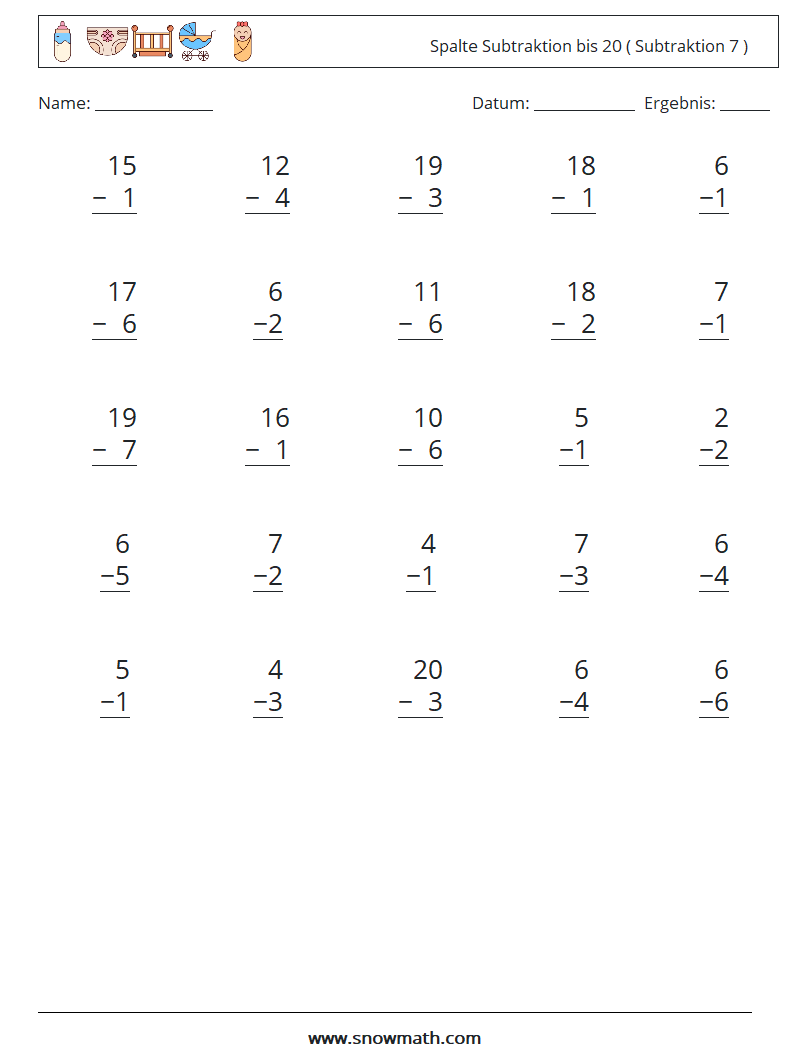 (25) Spalte Subtraktion bis 20 ( Subtraktion 7 ) Mathe-Arbeitsblätter 6