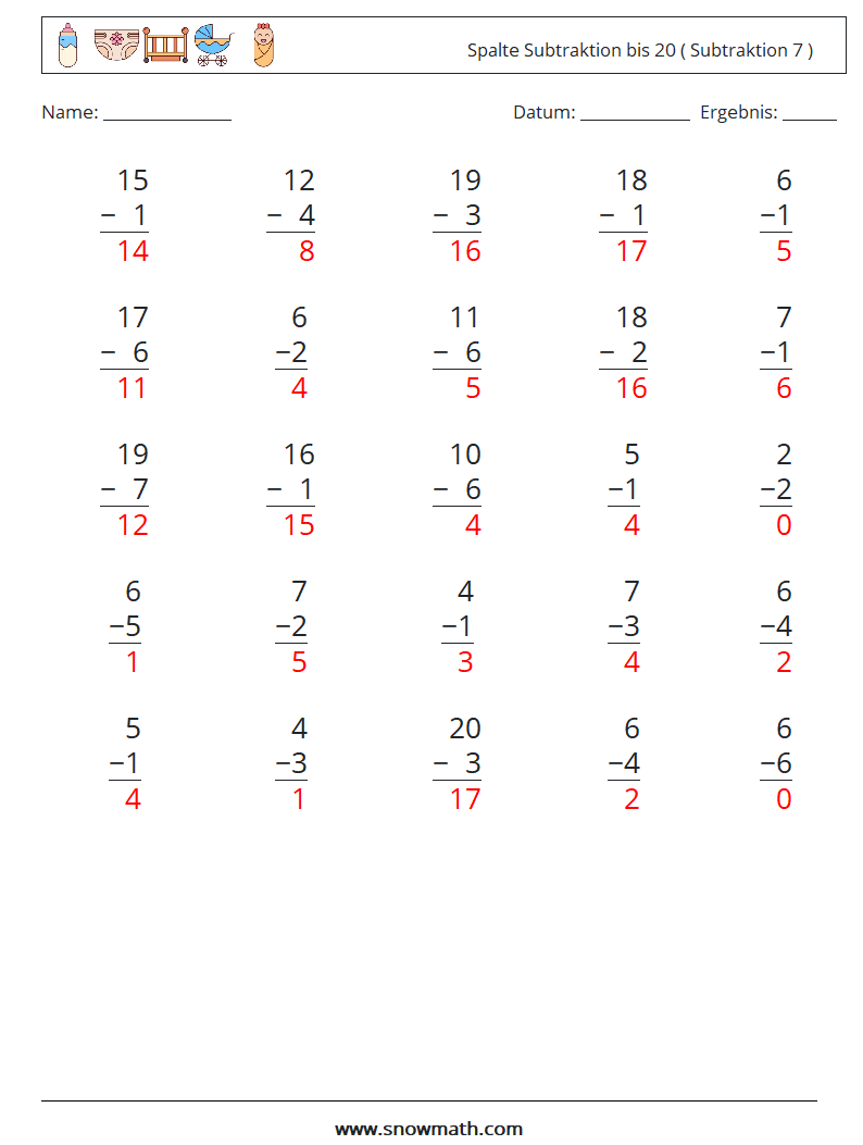 (25) Spalte Subtraktion bis 20 ( Subtraktion 7 ) Mathe-Arbeitsblätter 6 Frage, Antwort