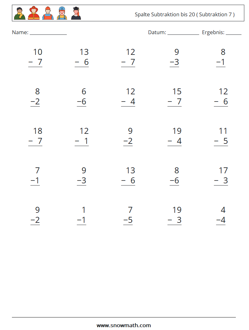 (25) Spalte Subtraktion bis 20 ( Subtraktion 7 ) Mathe-Arbeitsblätter 7