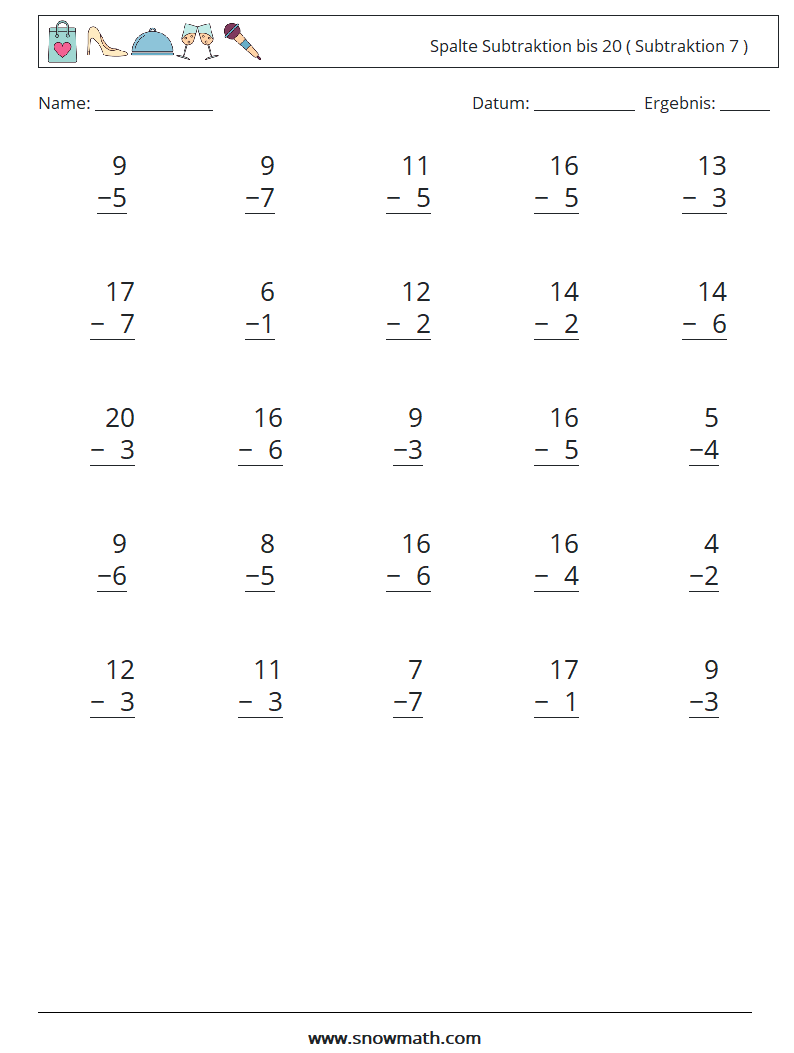 (25) Spalte Subtraktion bis 20 ( Subtraktion 7 ) Mathe-Arbeitsblätter 8