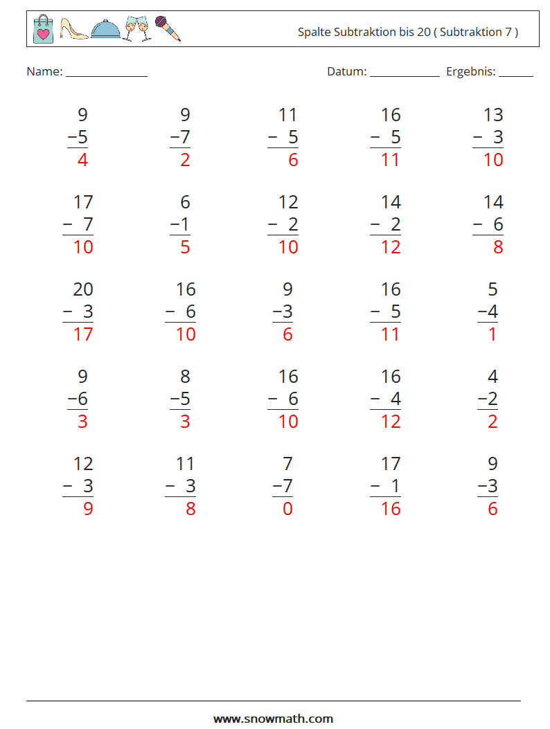 (25) Spalte Subtraktion bis 20 ( Subtraktion 7 ) Mathe-Arbeitsblätter 8 Frage, Antwort