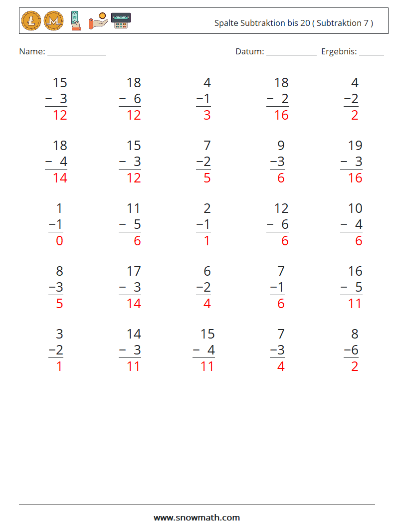 (25) Spalte Subtraktion bis 20 ( Subtraktion 7 ) Mathe-Arbeitsblätter 9 Frage, Antwort