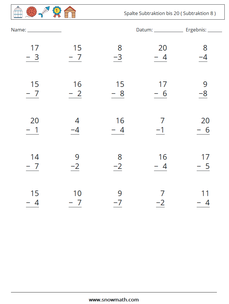 (25) Spalte Subtraktion bis 20 ( Subtraktion 8 ) Mathe-Arbeitsblätter 10