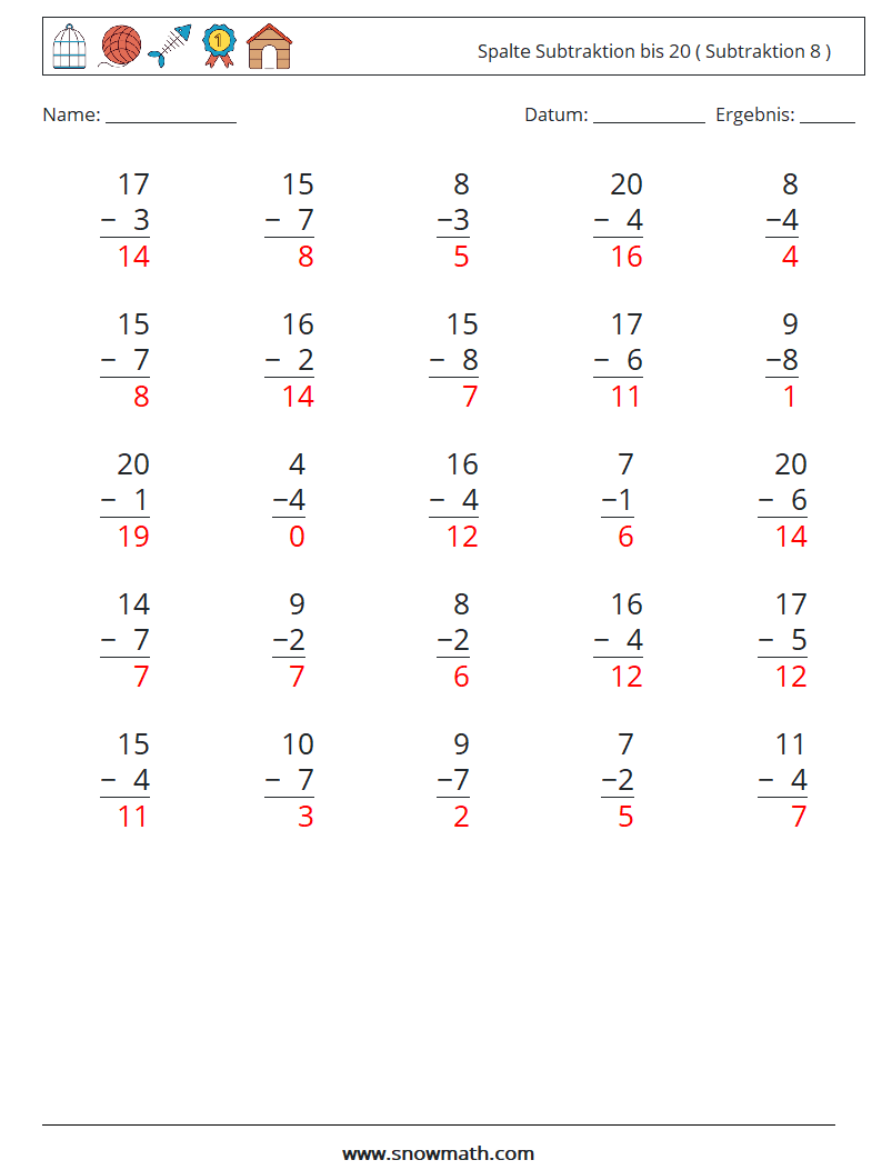 (25) Spalte Subtraktion bis 20 ( Subtraktion 8 ) Mathe-Arbeitsblätter 10 Frage, Antwort