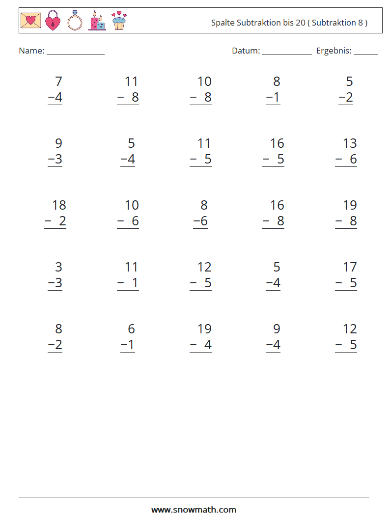 (25) Spalte Subtraktion bis 20 ( Subtraktion 8 ) Mathe-Arbeitsblätter 11