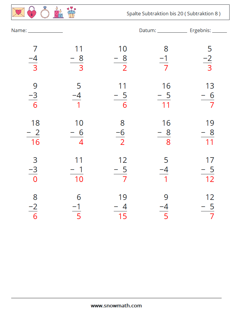 (25) Spalte Subtraktion bis 20 ( Subtraktion 8 ) Mathe-Arbeitsblätter 11 Frage, Antwort