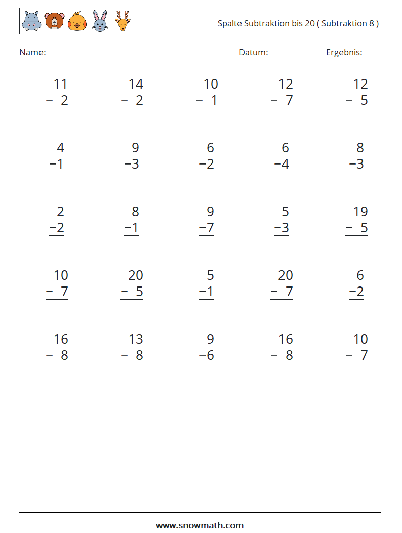 (25) Spalte Subtraktion bis 20 ( Subtraktion 8 ) Mathe-Arbeitsblätter 12