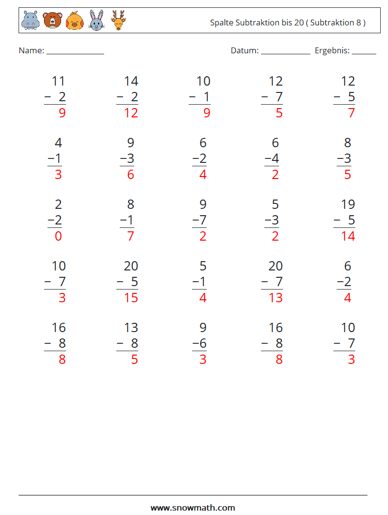 (25) Spalte Subtraktion bis 20 ( Subtraktion 8 ) Mathe-Arbeitsblätter 12 Frage, Antwort
