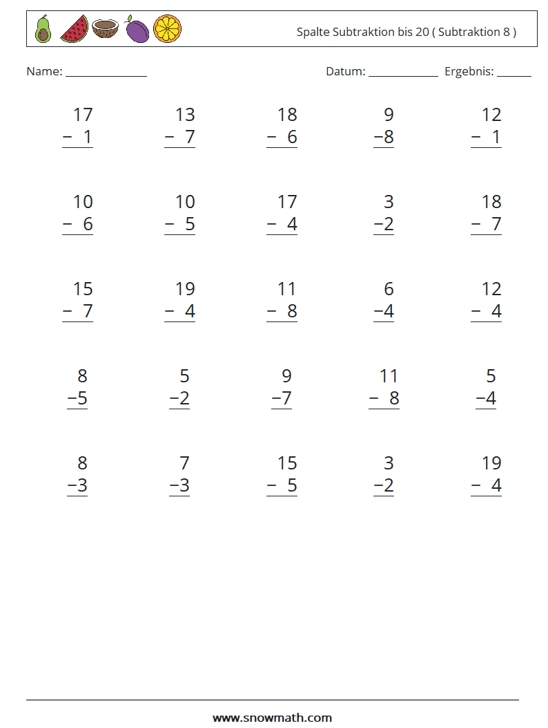 (25) Spalte Subtraktion bis 20 ( Subtraktion 8 ) Mathe-Arbeitsblätter 13