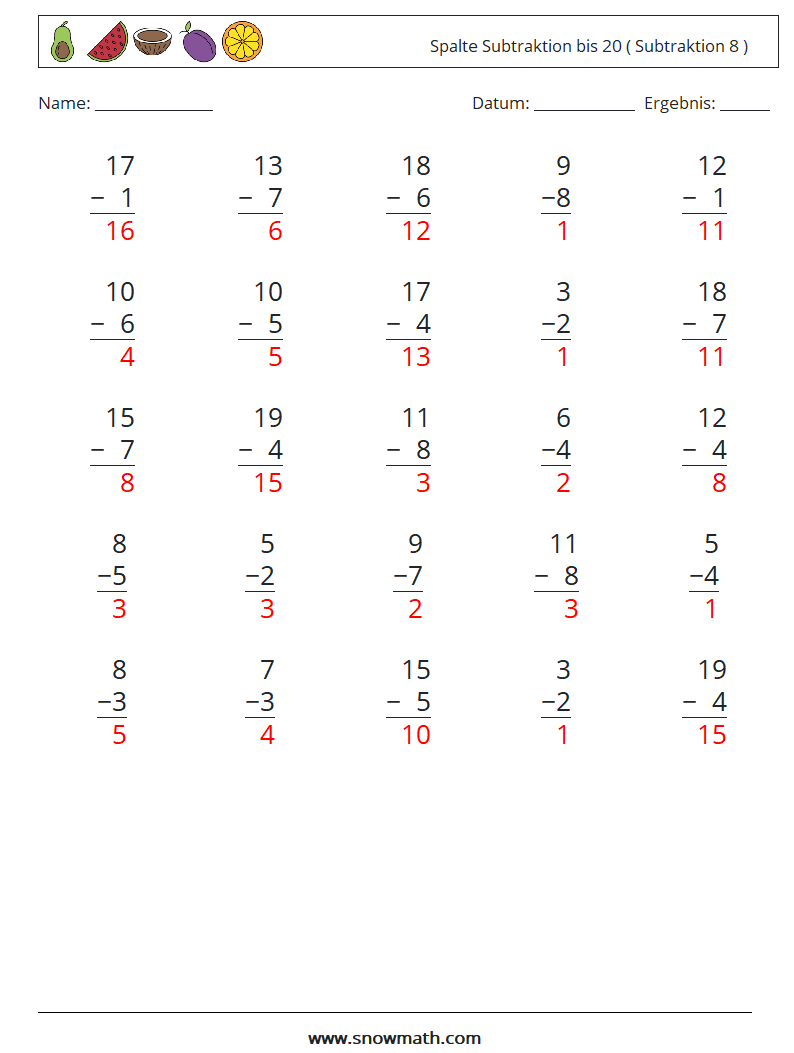 (25) Spalte Subtraktion bis 20 ( Subtraktion 8 ) Mathe-Arbeitsblätter 13 Frage, Antwort