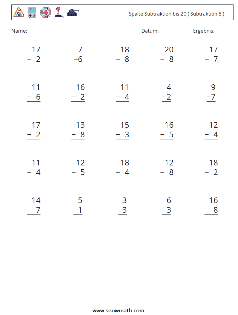 (25) Spalte Subtraktion bis 20 ( Subtraktion 8 ) Mathe-Arbeitsblätter 14