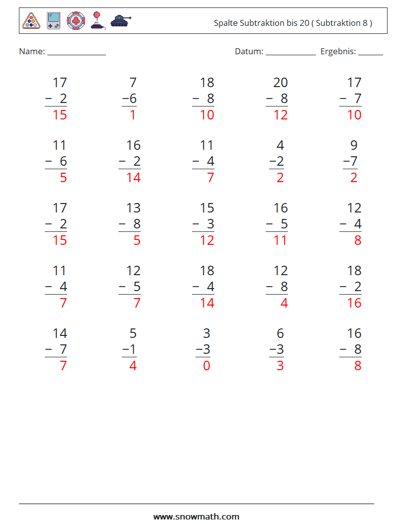 (25) Spalte Subtraktion bis 20 ( Subtraktion 8 ) Mathe-Arbeitsblätter 14 Frage, Antwort