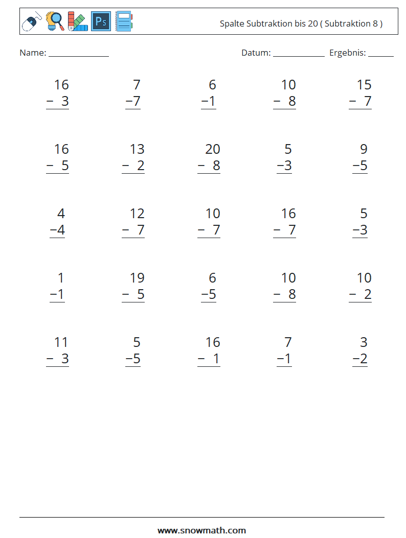 (25) Spalte Subtraktion bis 20 ( Subtraktion 8 ) Mathe-Arbeitsblätter 15