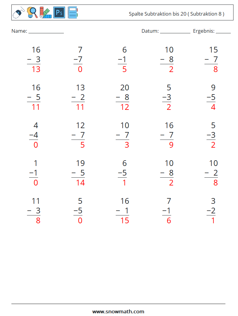 (25) Spalte Subtraktion bis 20 ( Subtraktion 8 ) Mathe-Arbeitsblätter 15 Frage, Antwort