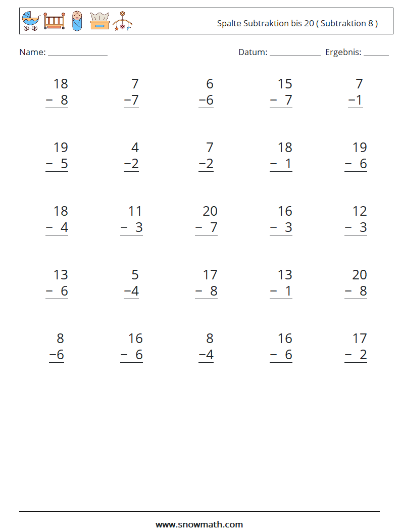 (25) Spalte Subtraktion bis 20 ( Subtraktion 8 ) Mathe-Arbeitsblätter 16