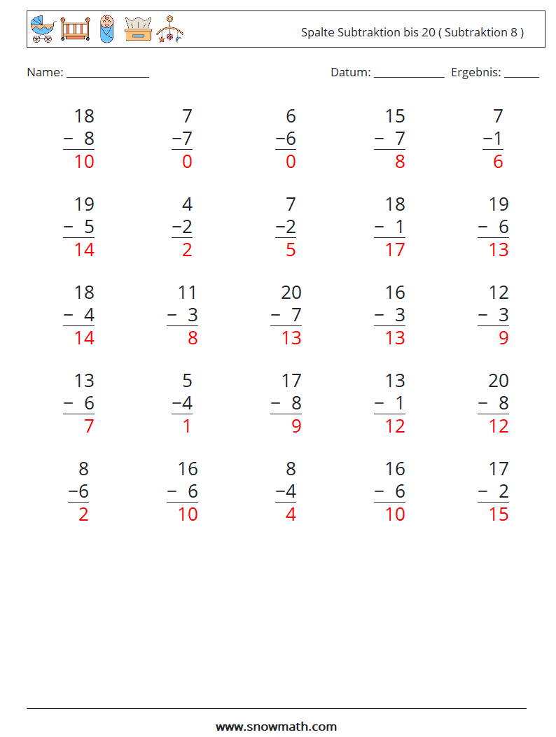 (25) Spalte Subtraktion bis 20 ( Subtraktion 8 ) Mathe-Arbeitsblätter 16 Frage, Antwort
