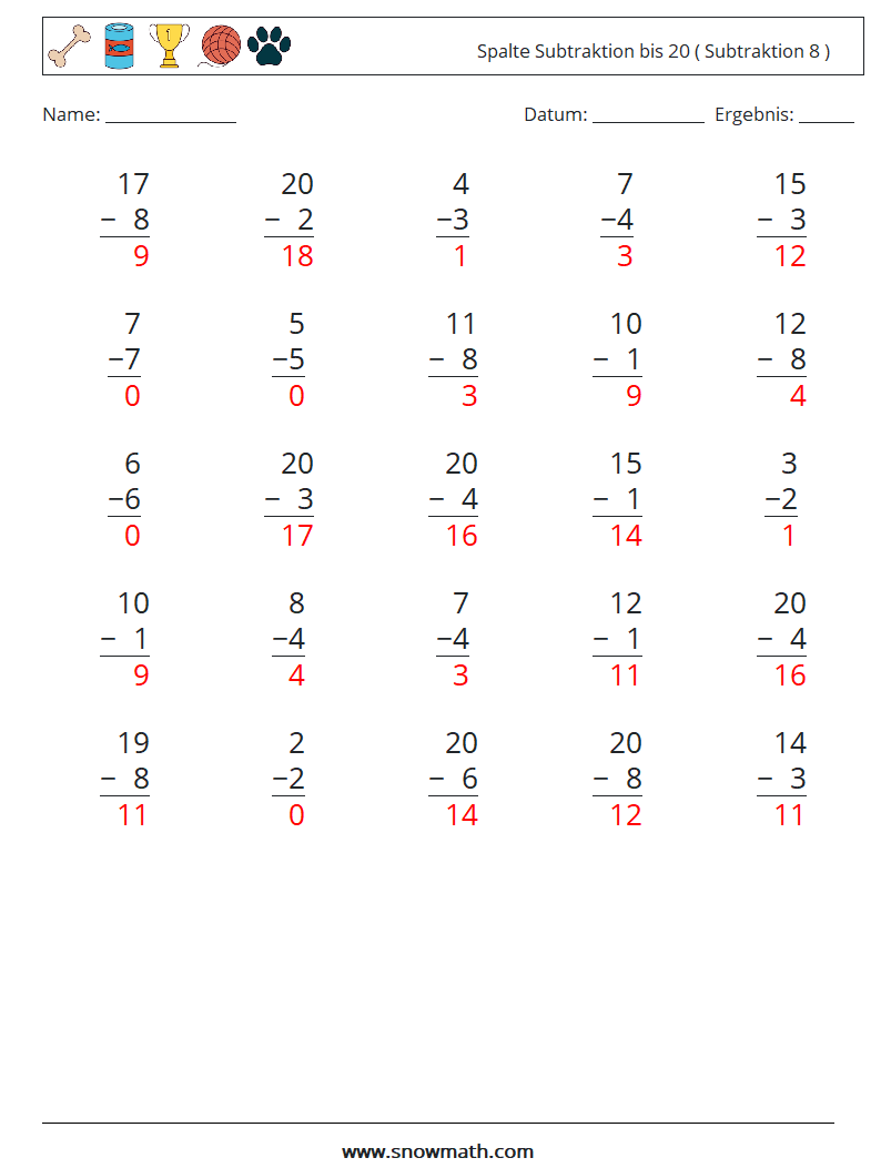 (25) Spalte Subtraktion bis 20 ( Subtraktion 8 ) Mathe-Arbeitsblätter 17 Frage, Antwort