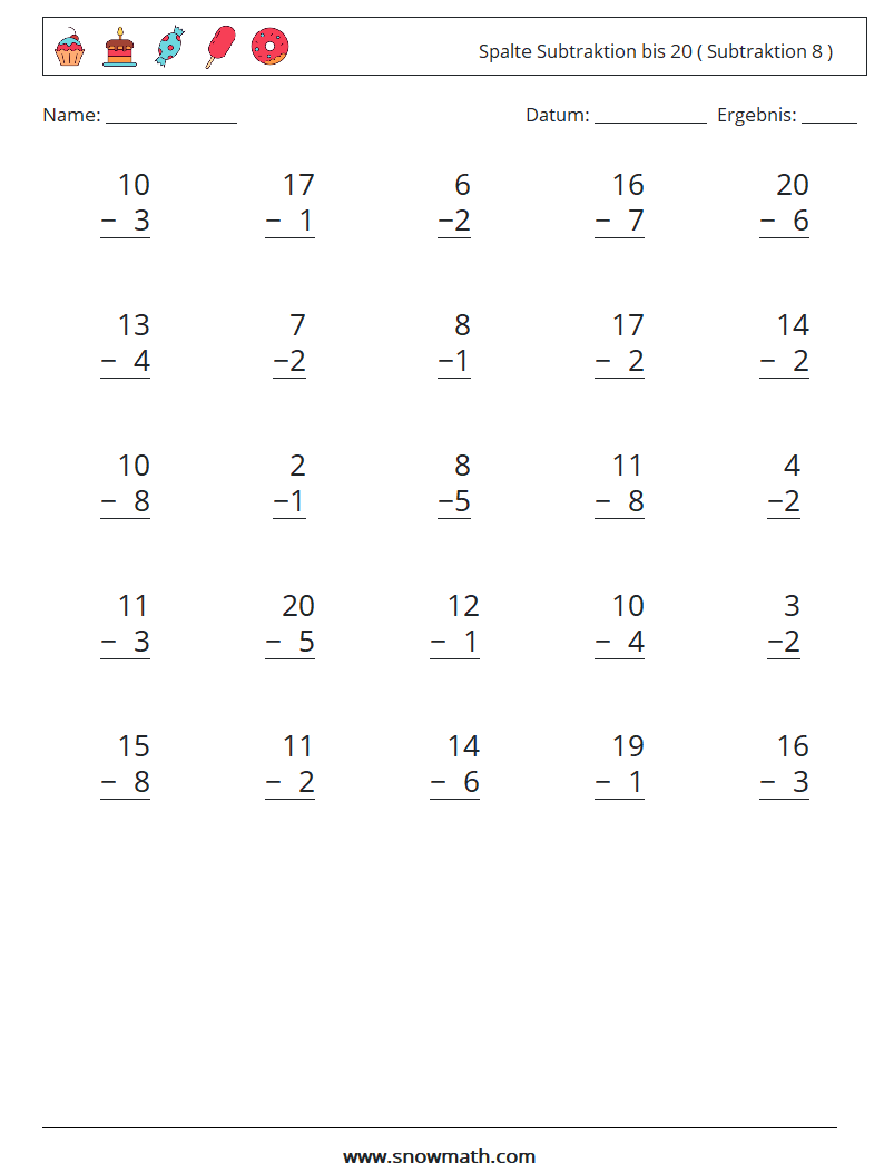 (25) Spalte Subtraktion bis 20 ( Subtraktion 8 ) Mathe-Arbeitsblätter 18