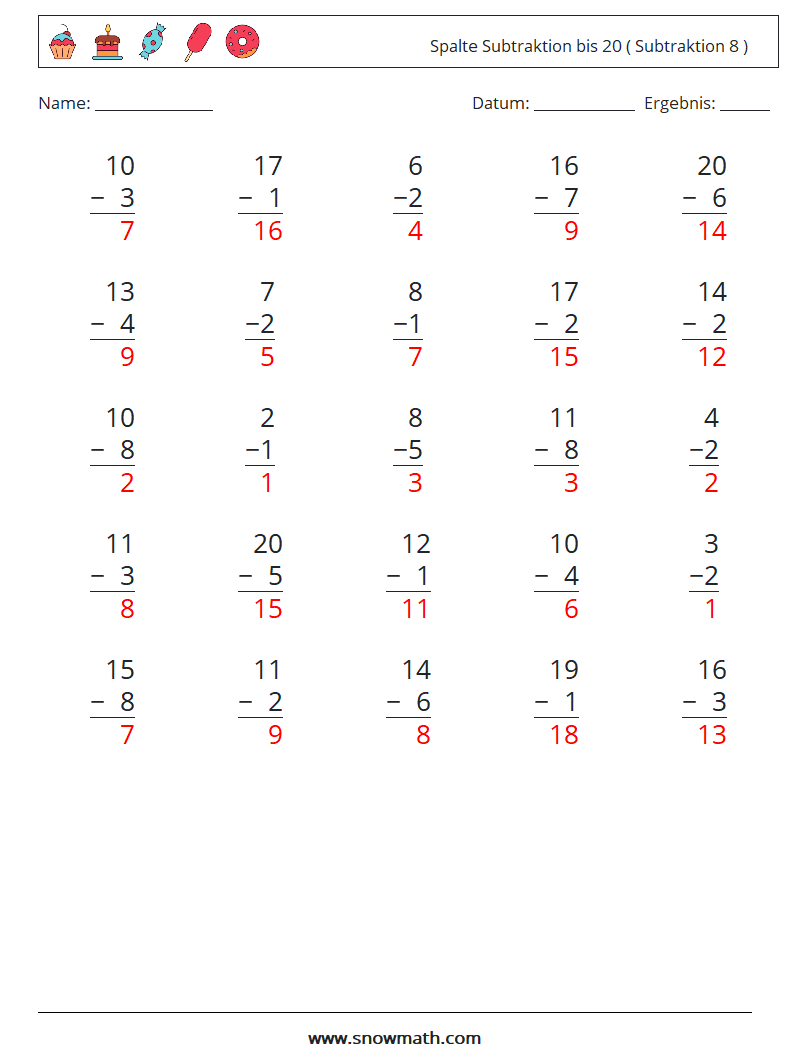 (25) Spalte Subtraktion bis 20 ( Subtraktion 8 ) Mathe-Arbeitsblätter 18 Frage, Antwort