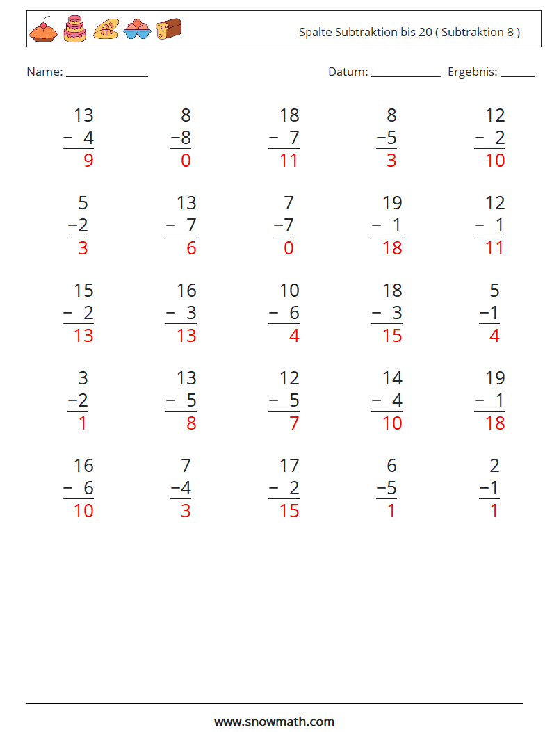 (25) Spalte Subtraktion bis 20 ( Subtraktion 8 ) Mathe-Arbeitsblätter 1 Frage, Antwort