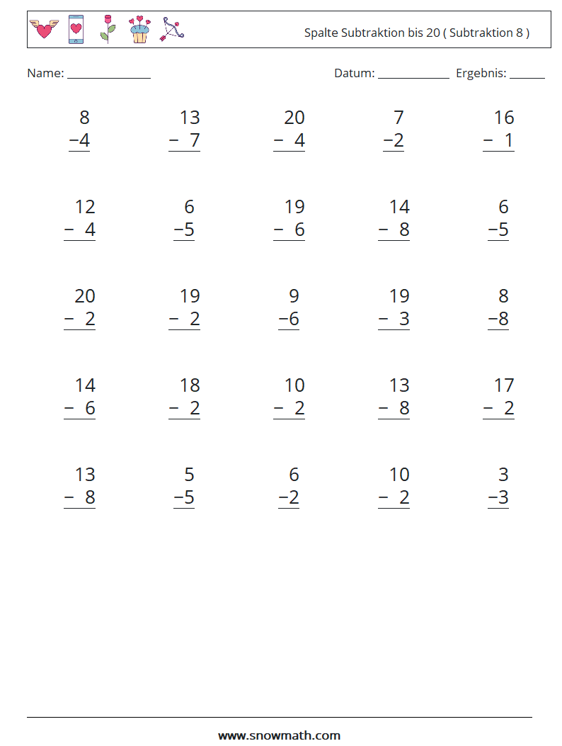(25) Spalte Subtraktion bis 20 ( Subtraktion 8 ) Mathe-Arbeitsblätter 2