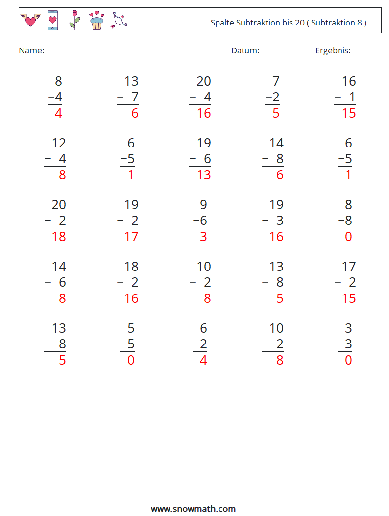 (25) Spalte Subtraktion bis 20 ( Subtraktion 8 ) Mathe-Arbeitsblätter 2 Frage, Antwort
