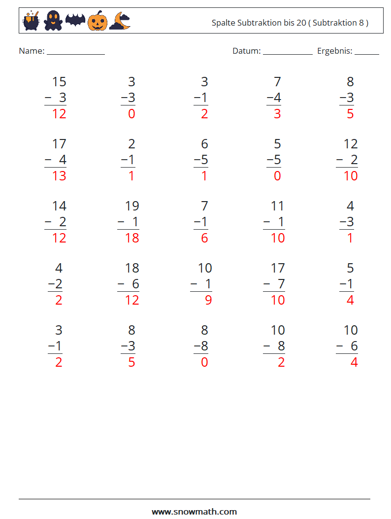(25) Spalte Subtraktion bis 20 ( Subtraktion 8 ) Mathe-Arbeitsblätter 3 Frage, Antwort