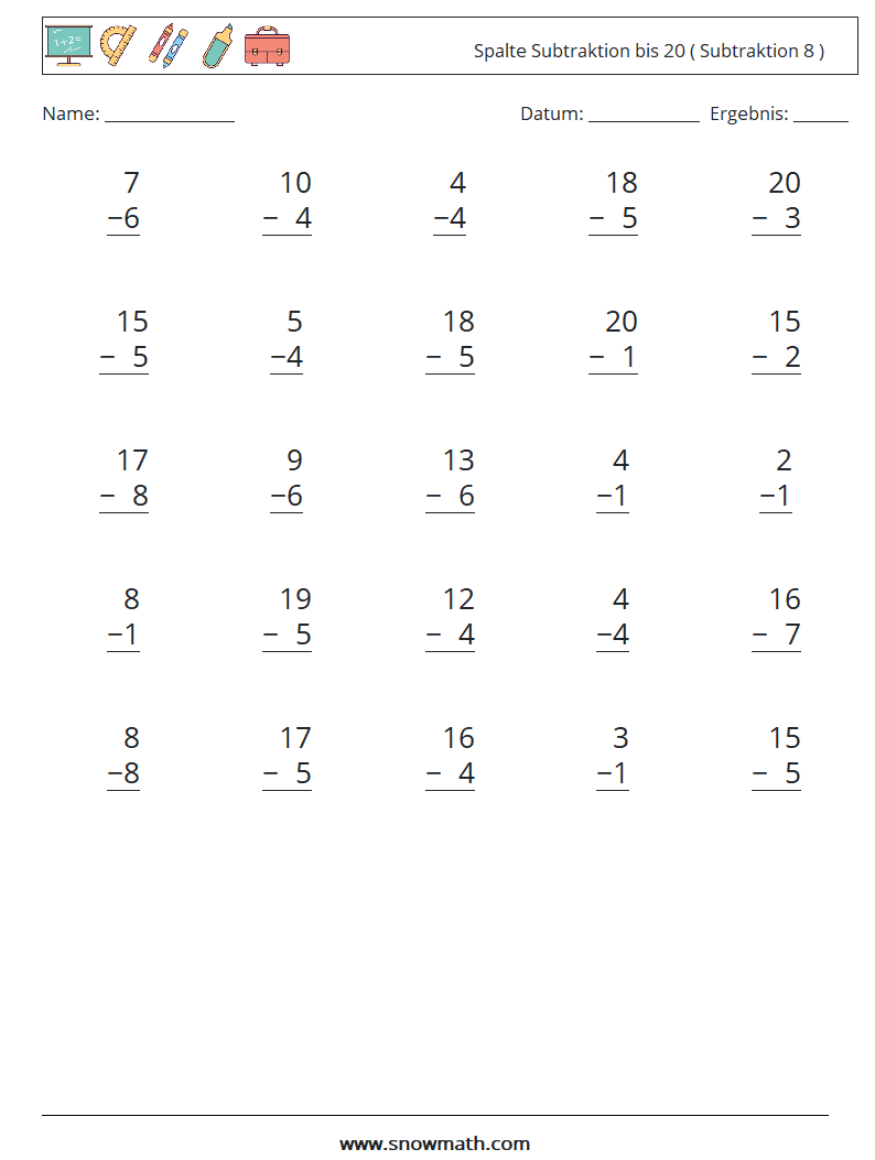 (25) Spalte Subtraktion bis 20 ( Subtraktion 8 ) Mathe-Arbeitsblätter 4