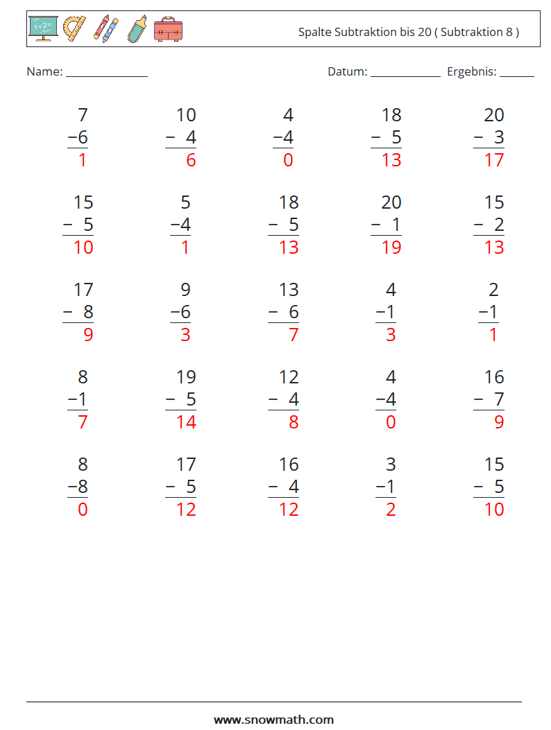 (25) Spalte Subtraktion bis 20 ( Subtraktion 8 ) Mathe-Arbeitsblätter 4 Frage, Antwort