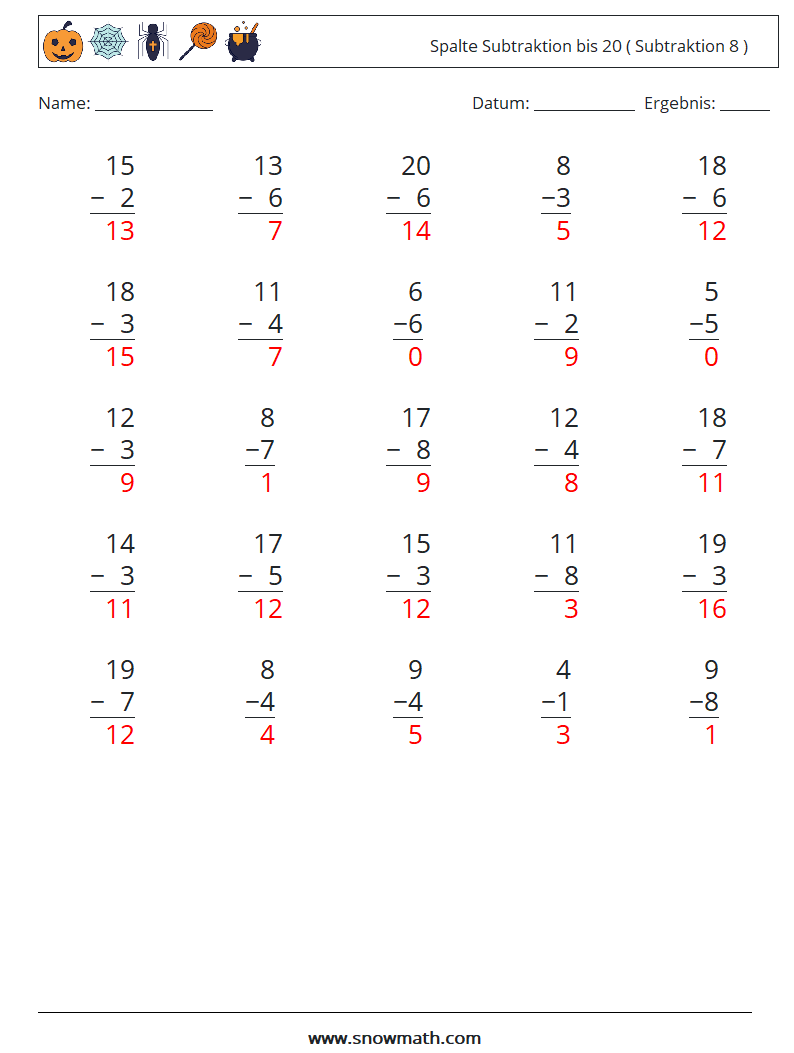 (25) Spalte Subtraktion bis 20 ( Subtraktion 8 ) Mathe-Arbeitsblätter 5 Frage, Antwort