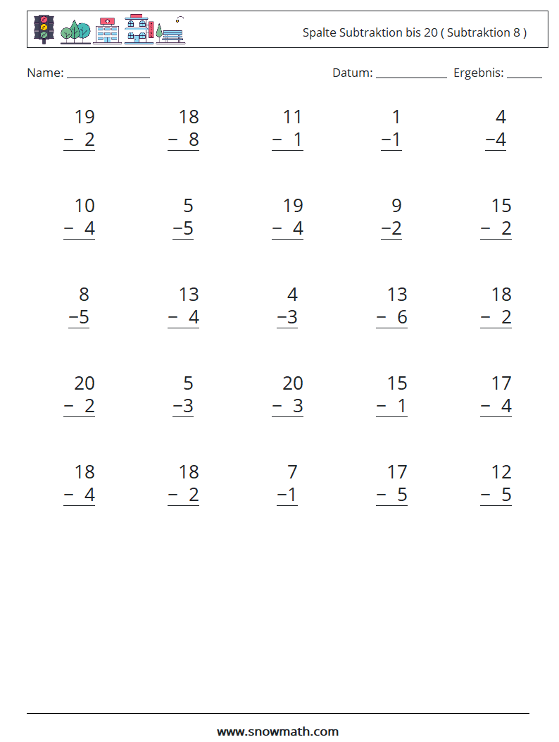 (25) Spalte Subtraktion bis 20 ( Subtraktion 8 ) Mathe-Arbeitsblätter 6