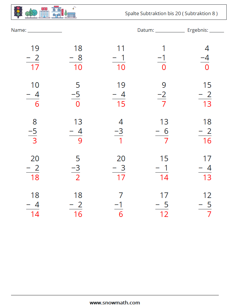 (25) Spalte Subtraktion bis 20 ( Subtraktion 8 ) Mathe-Arbeitsblätter 6 Frage, Antwort