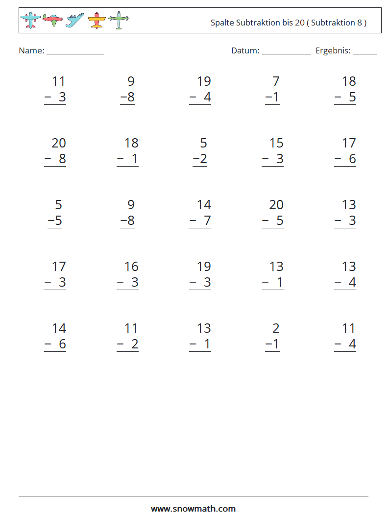 (25) Spalte Subtraktion bis 20 ( Subtraktion 8 ) Mathe-Arbeitsblätter 7