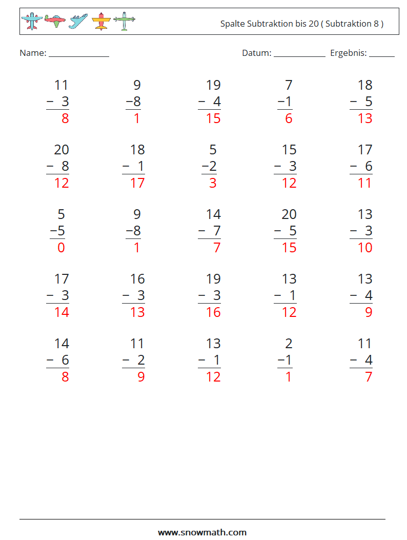 (25) Spalte Subtraktion bis 20 ( Subtraktion 8 ) Mathe-Arbeitsblätter 7 Frage, Antwort