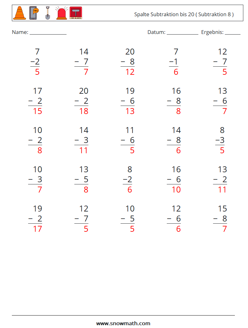 (25) Spalte Subtraktion bis 20 ( Subtraktion 8 ) Mathe-Arbeitsblätter 8 Frage, Antwort