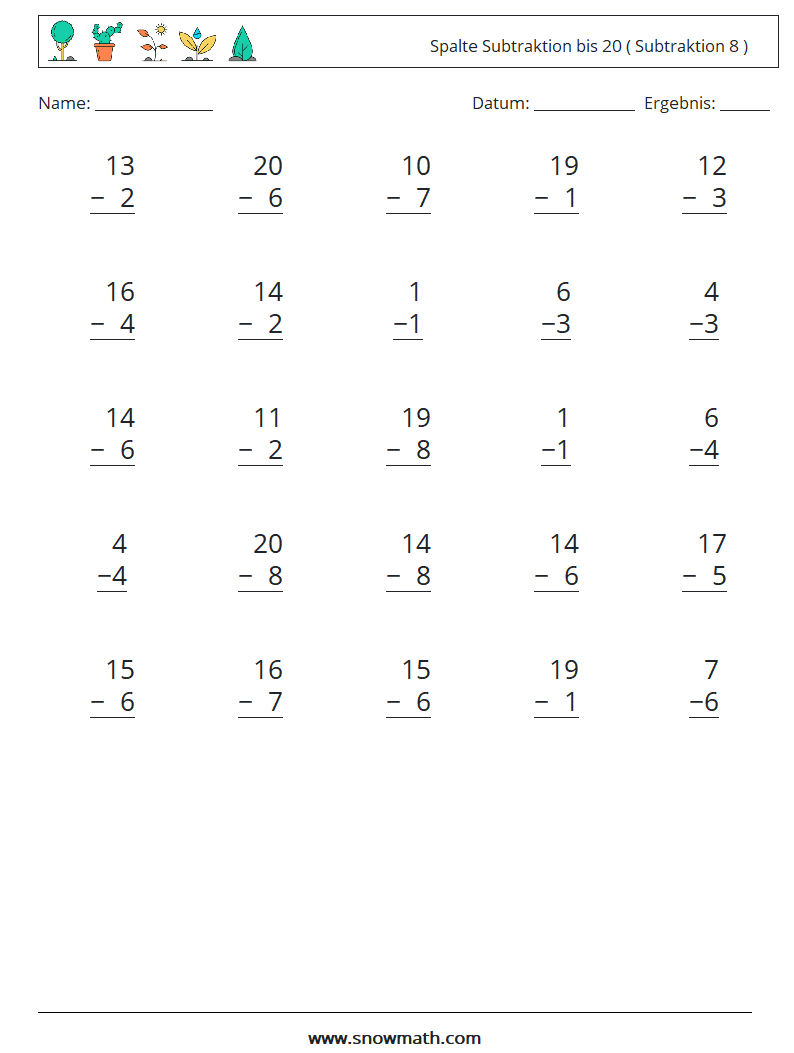 (25) Spalte Subtraktion bis 20 ( Subtraktion 8 ) Mathe-Arbeitsblätter 9