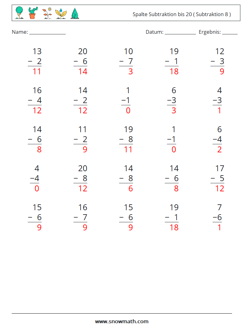 (25) Spalte Subtraktion bis 20 ( Subtraktion 8 ) Mathe-Arbeitsblätter 9 Frage, Antwort