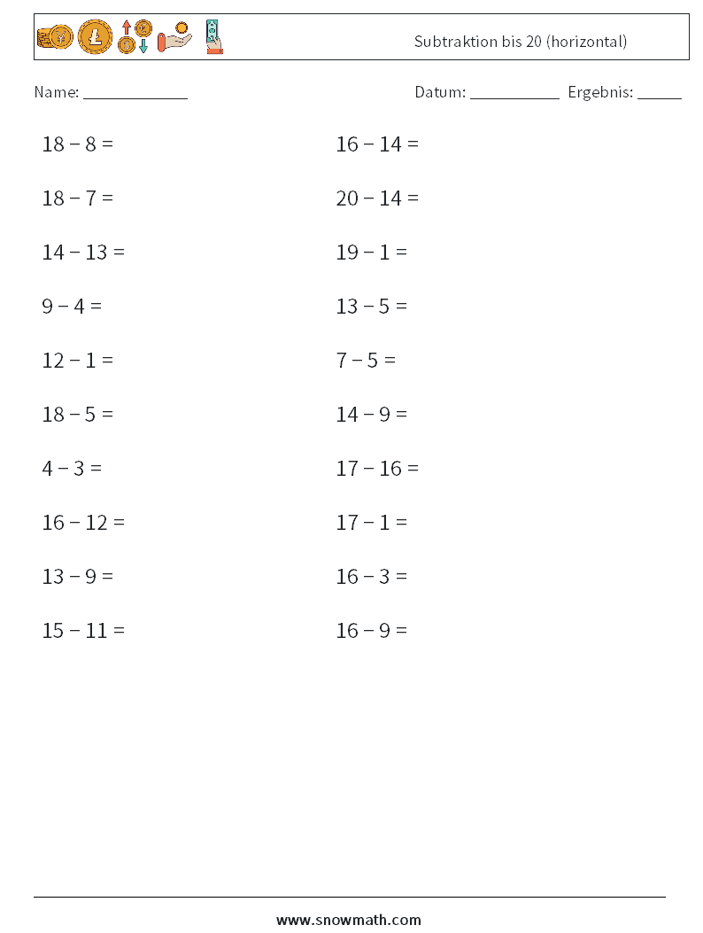 (20) Subtraktion bis 20 (horizontal)