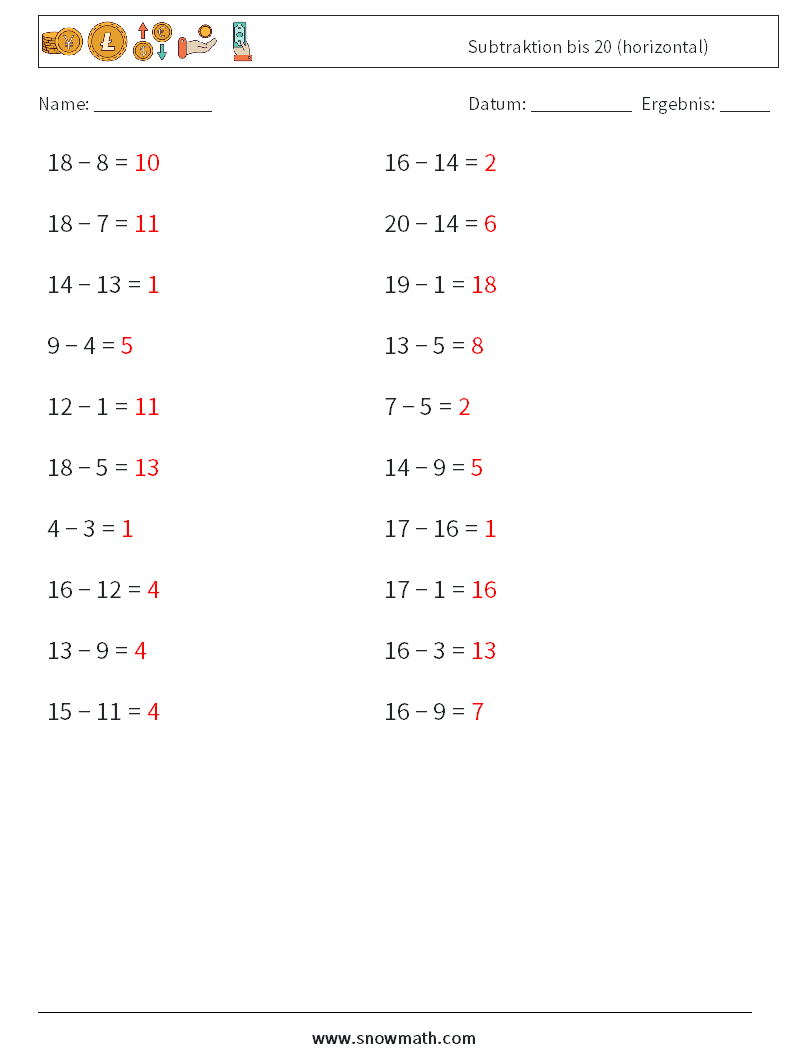 (20) Subtraktion bis 20 (horizontal) Mathe-Arbeitsblätter 1 Frage, Antwort