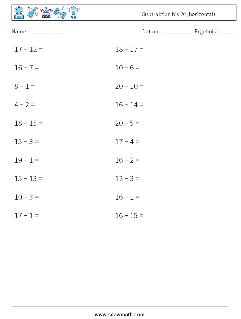 (20) Subtraktion bis 20 (horizontal) Mathe-Arbeitsblätter 2