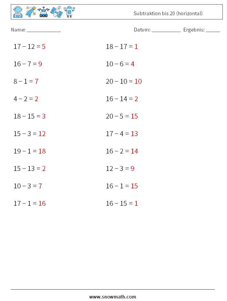 (20) Subtraktion bis 20 (horizontal) Mathe-Arbeitsblätter 2 Frage, Antwort