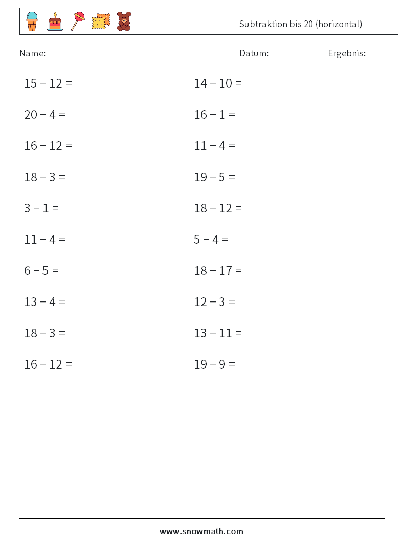 (20) Subtraktion bis 20 (horizontal) Mathe-Arbeitsblätter 3