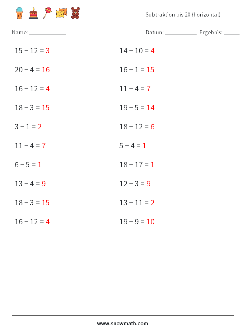 (20) Subtraktion bis 20 (horizontal) Mathe-Arbeitsblätter 3 Frage, Antwort