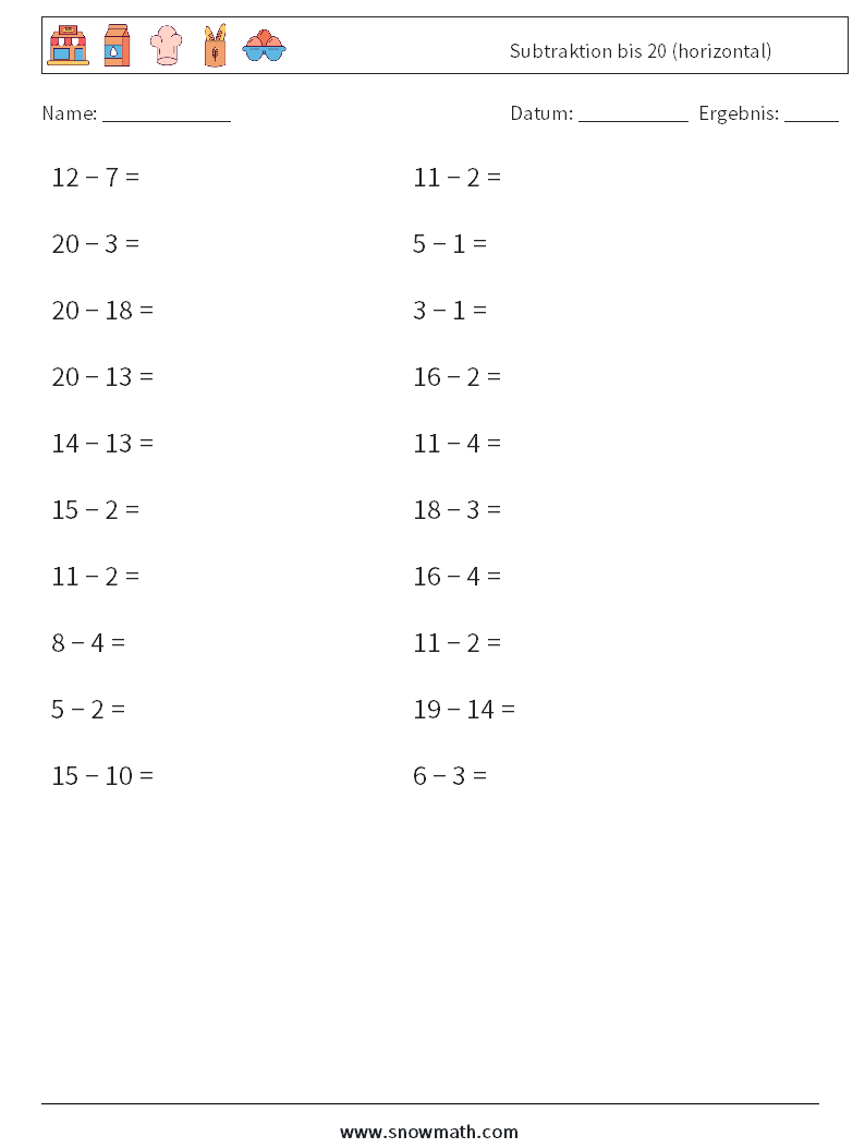 (20) Subtraktion bis 20 (horizontal) Mathe-Arbeitsblätter 4